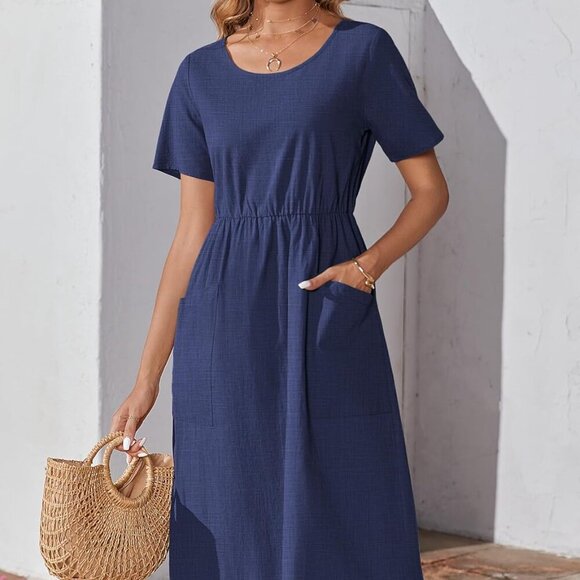 Women's Cotton Linen Midi Dress Casual Short Sleeve Flowly Beach Tunic - Picture 2 of 7